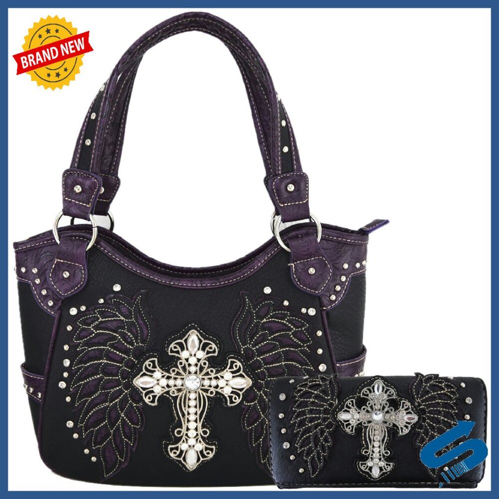 Western Rhinestone Cross Studded Leather Shoulder Bag Wallet Set